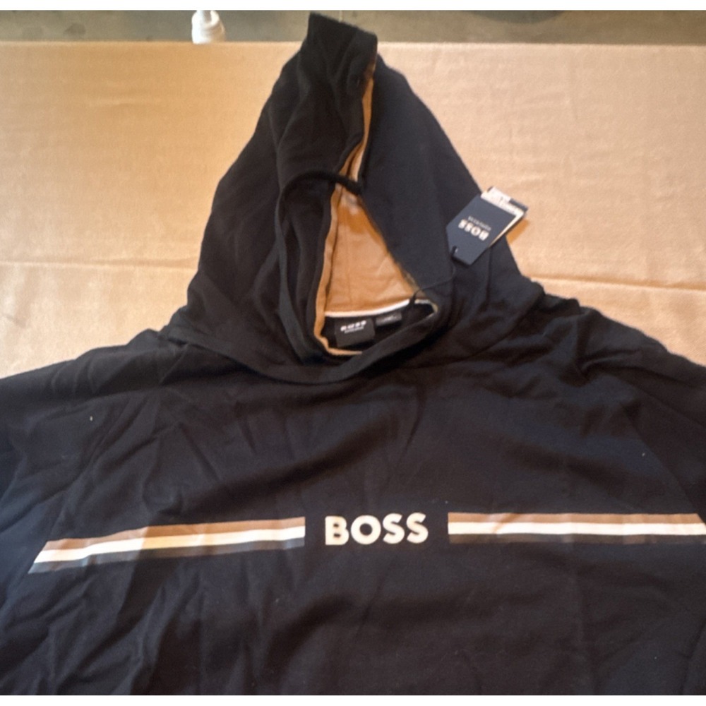 BOSS Men's Black Pullover Hoodie XL Regular Long Sleeve Striped Logo